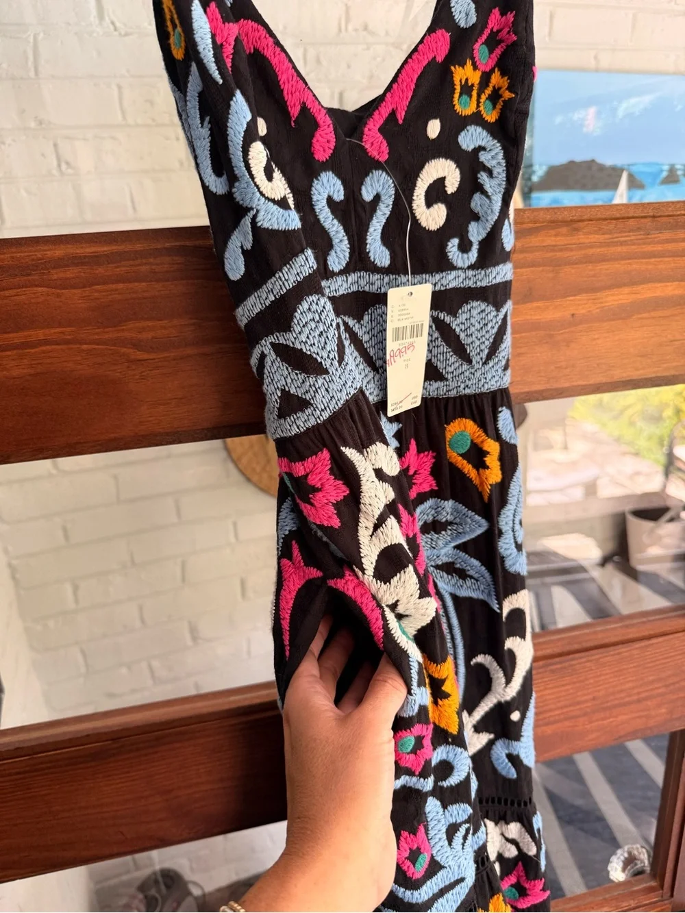 Anthropologie Black Multicolor Embroidered Spaghetti-Strap Maxi Dress w/ pockets - Picture 5 of 8